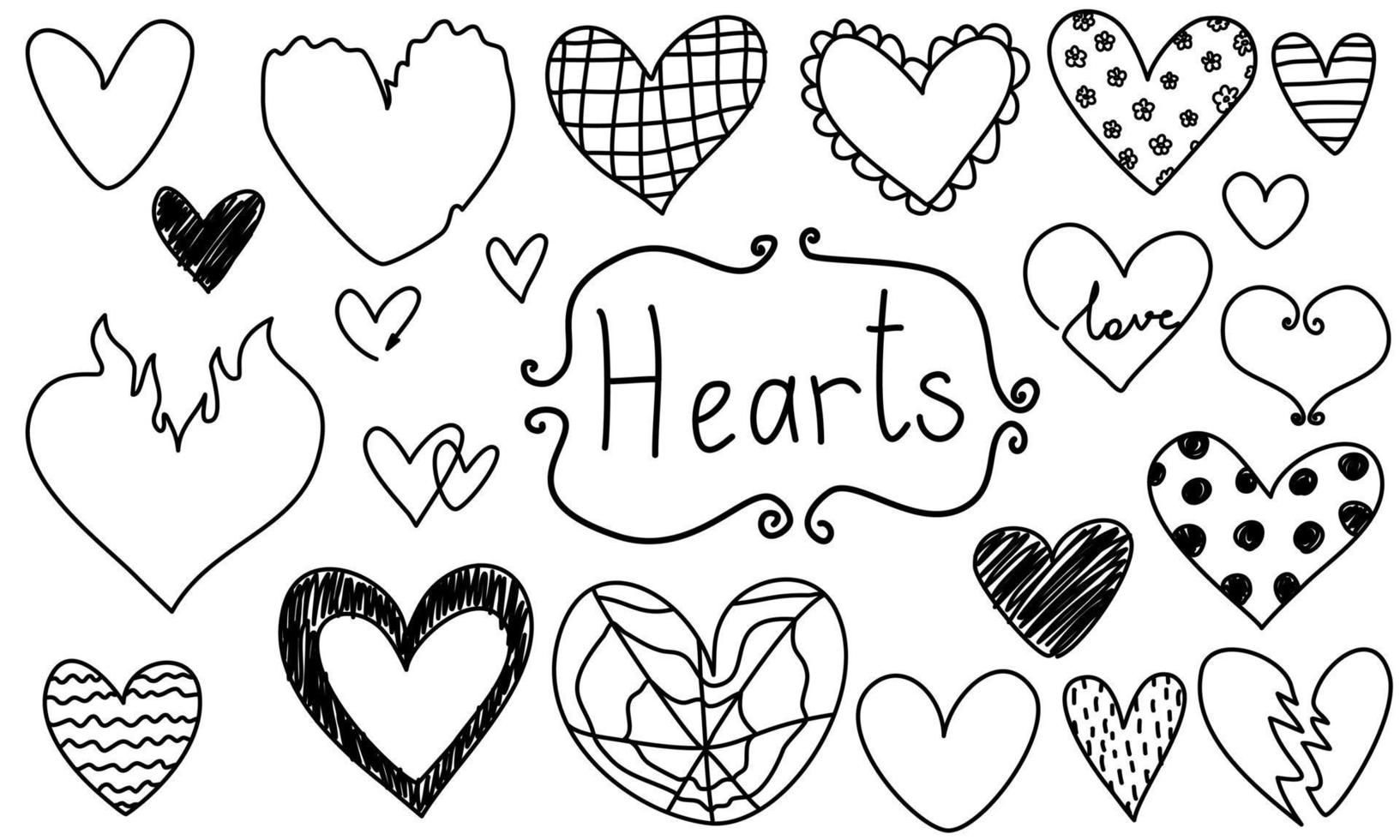 doodle coeurs cadres mis amour dessinés à la main. saint valentin pour la collection isolée de mariage. vecteur