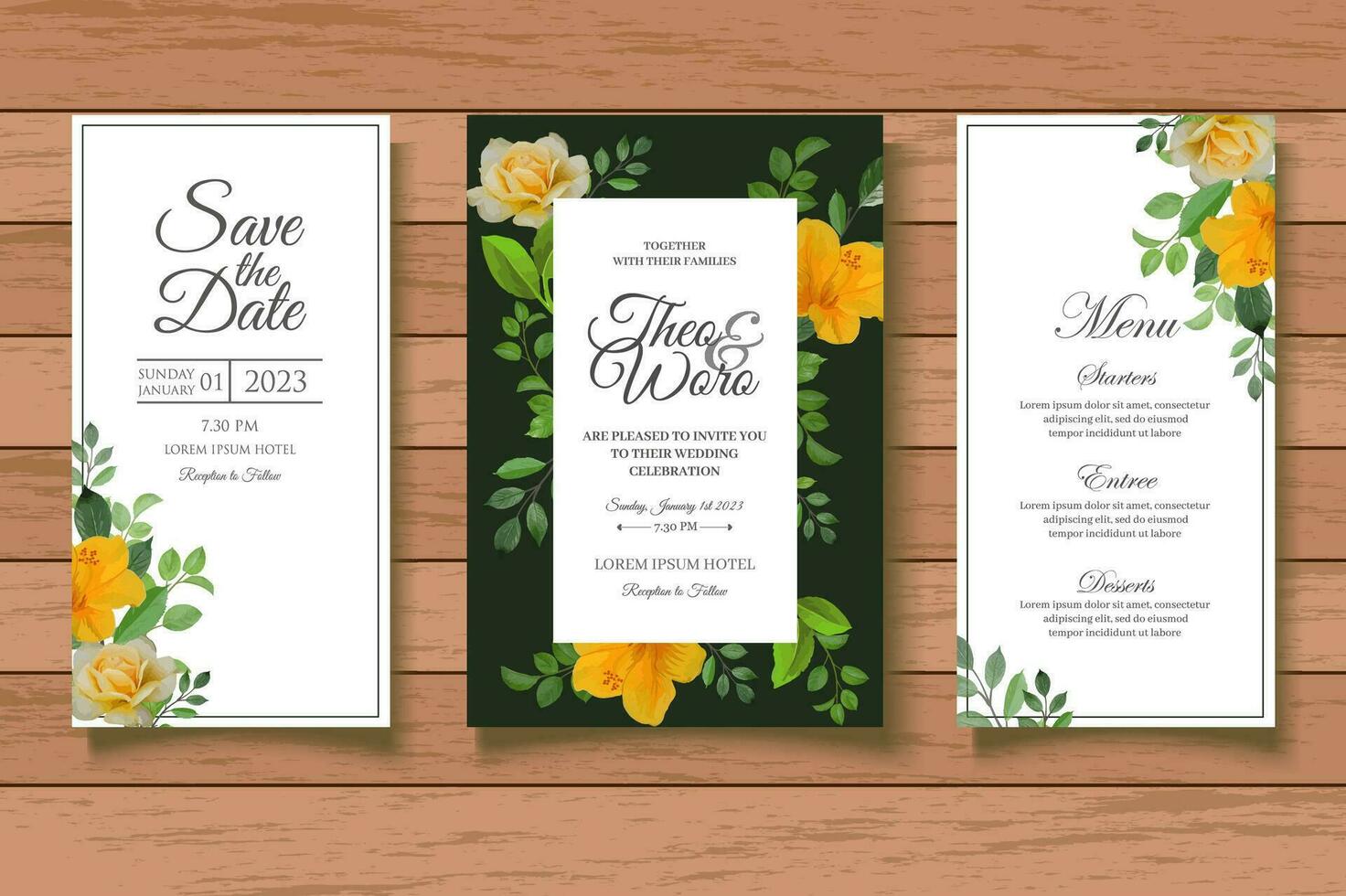 main tiré floral mariage invitation carte ensemble vecteur