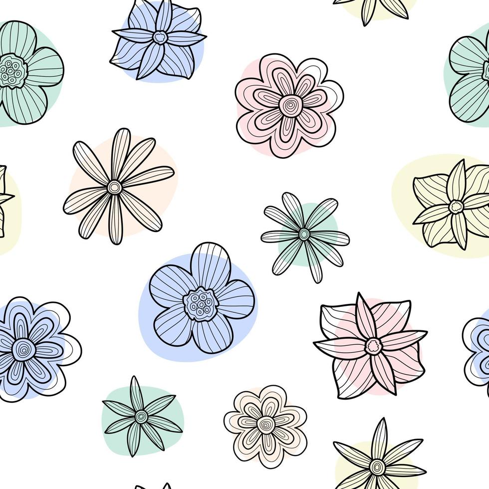 joli motif blanc avec des fleurs multicolores pastel à lignes noires. arrière-plan transparent. textiles pour enfants. scrapbook papier minimalisme pour les enfants. vecteur