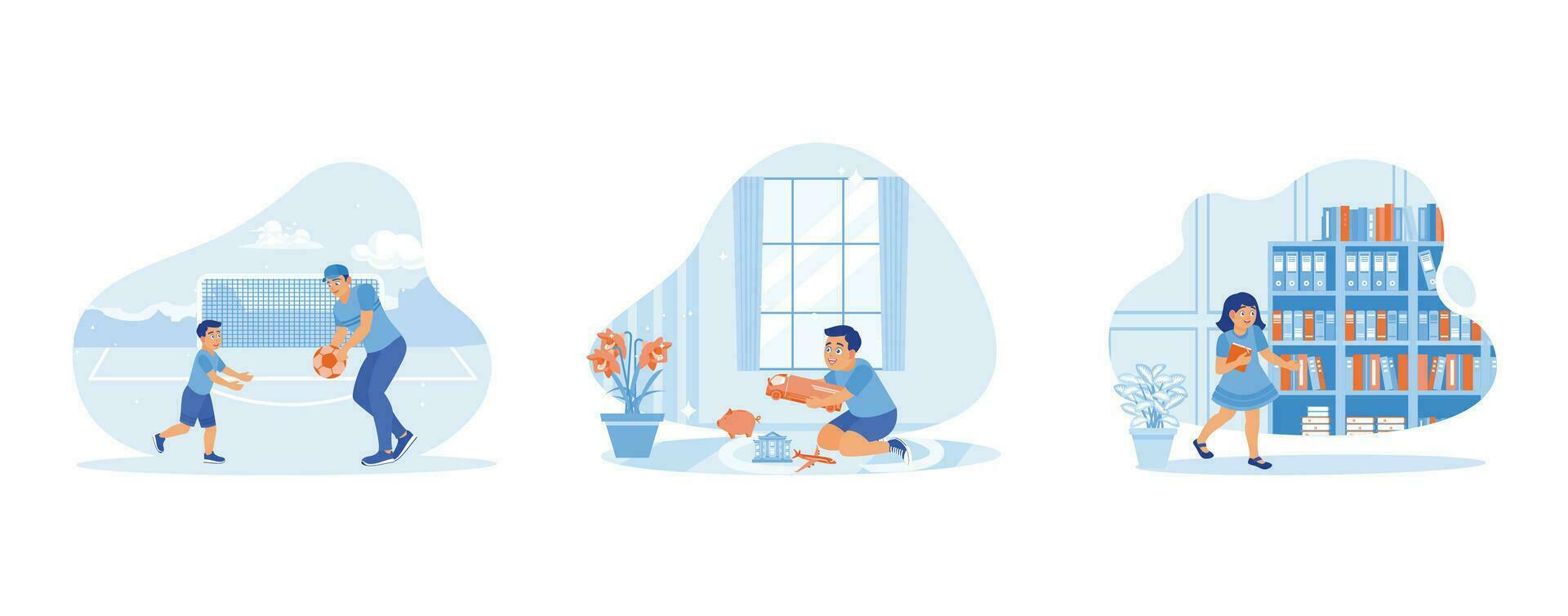 enfants concept. père et fils en jouant football. les enfants en jouant avec voitures à maison. le peu fille est dans le école bibliothèque. ensemble tendance moderne vecteur plat illustration