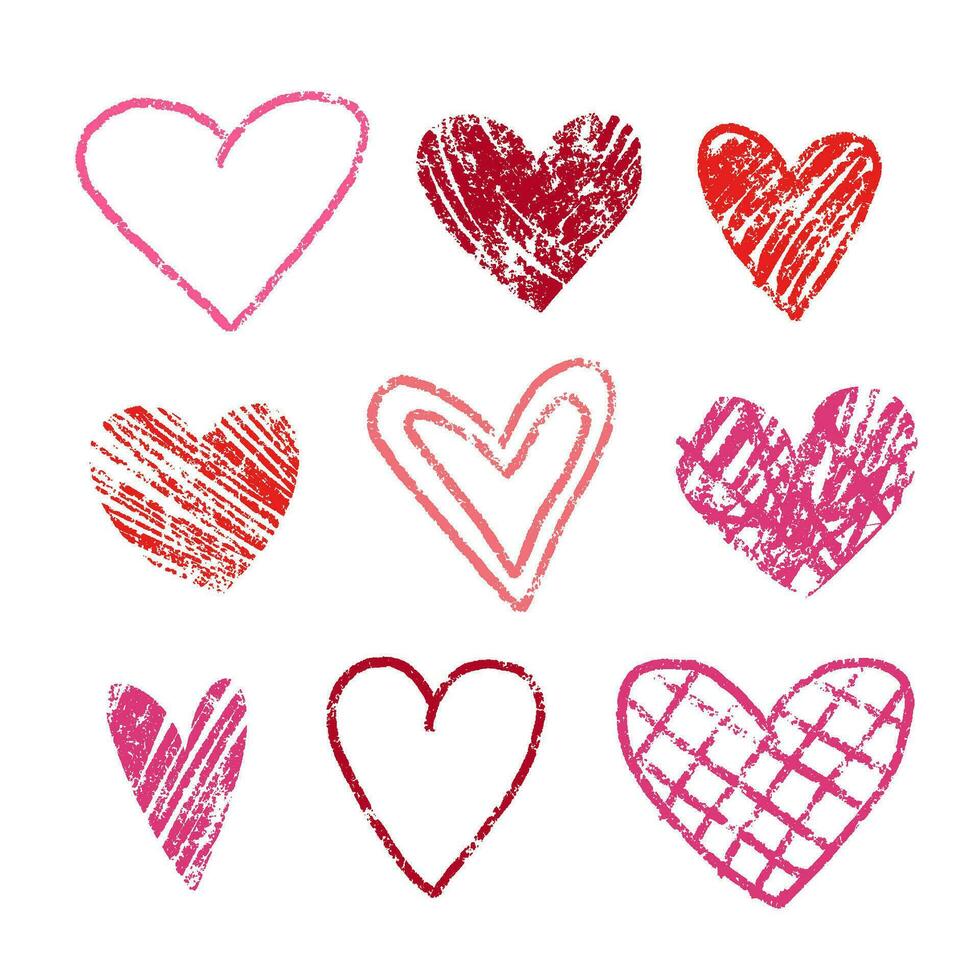 la Saint-Valentin journée ensemble de main tiré pastel cœurs. rose crayon coups cœurs isolé sur le blanc Contexte. esquisser de divers vecteur cœurs.