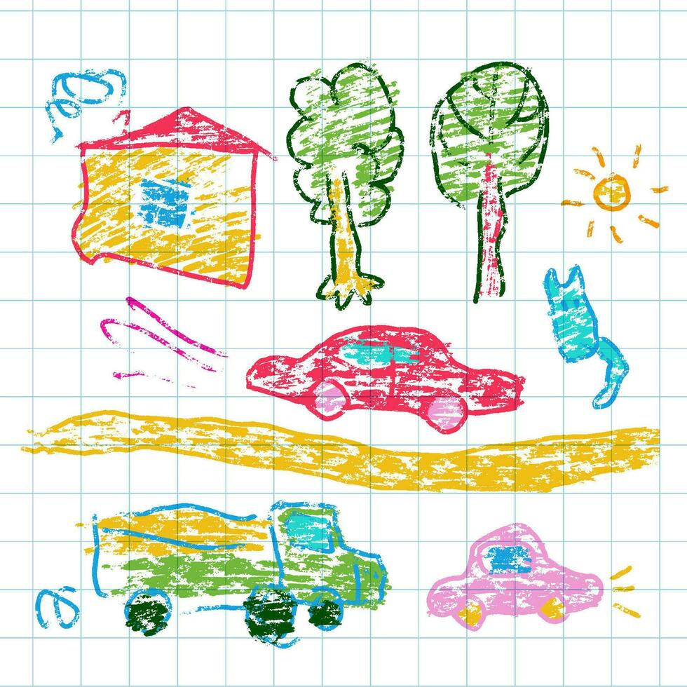des gamins la cire crayons de couleur dessins ensemble sur à carreaux papier feuille. vecteur
