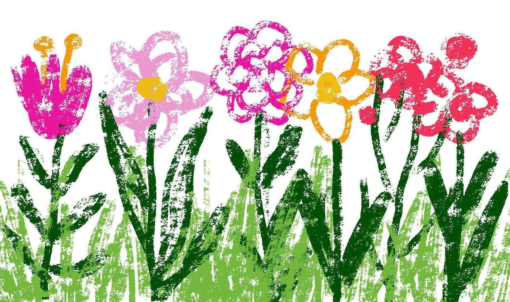 des gamins La peinture fleurs ensemble. les enfants main dessin épanouissement Prairie avec vert herbe. la cire crayons de couleur puéril pastel pelouse néoterique vecteur illustration