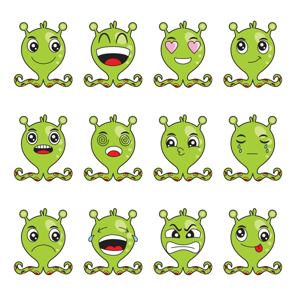 illustration vectorielle extraterrestre de dessin animé vert avec des expressions faciales heureuses et drôles vecteur