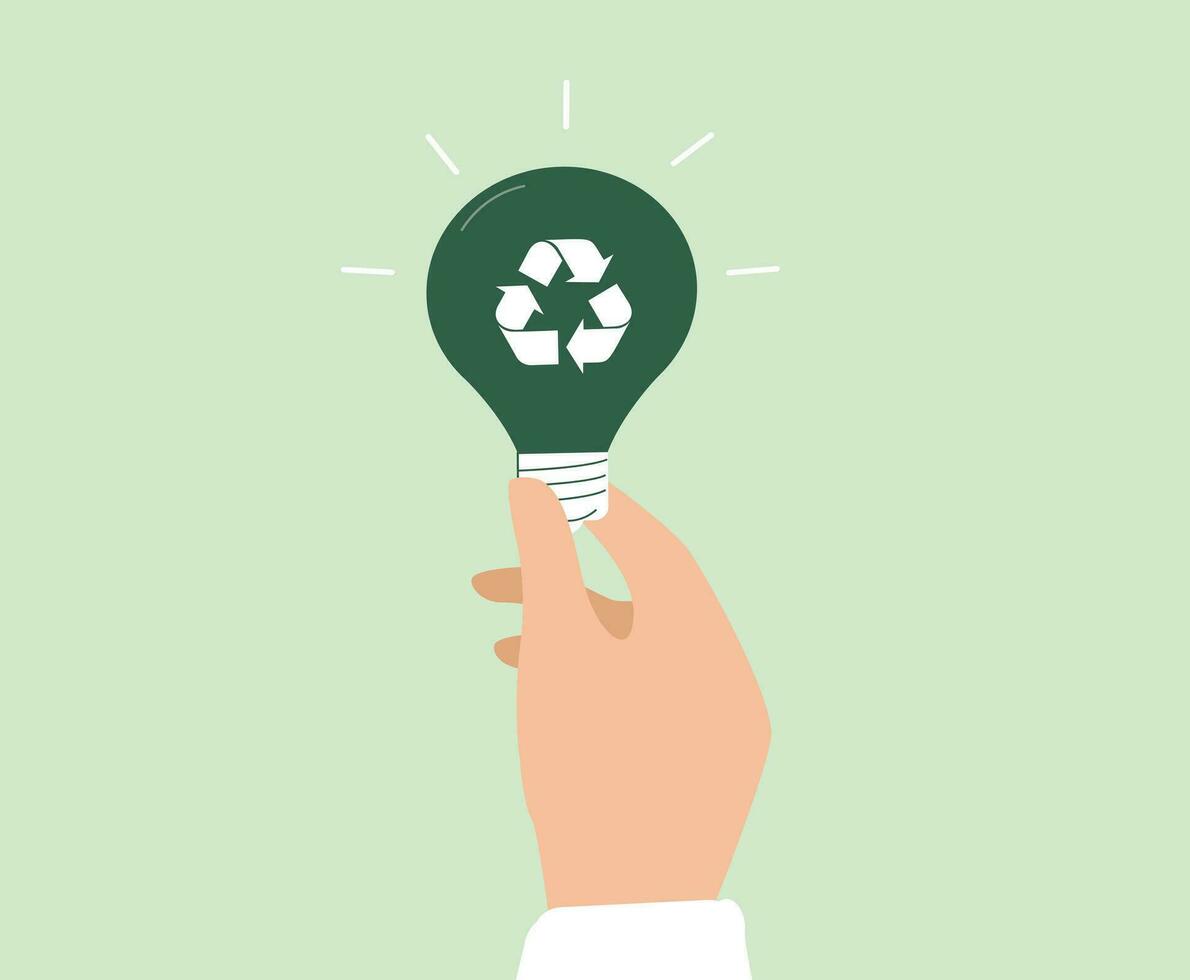 gros main tenir un électrique ampoule avec recyclage symbole. vert lampe avec signe de énergie économie. concept de déchets gestion, durable Puissance et éco amical mode de vie. vecteur illustration