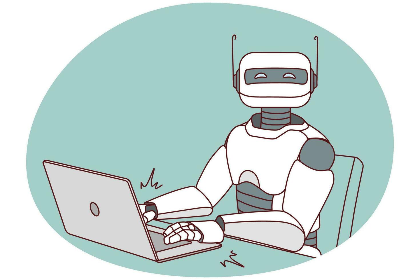 robot travail sur ordinateur dans bureau. moderne humanoïde dactylographie sur portable. artificiel intelligence concept. robotique assistant à lieu de travail. vecteur illustration.