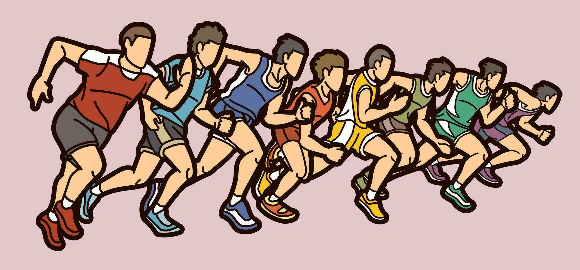 groupe de Hommes début fonctionnement coureur action le jogging ensemble dessin animé sport graphique vecteur