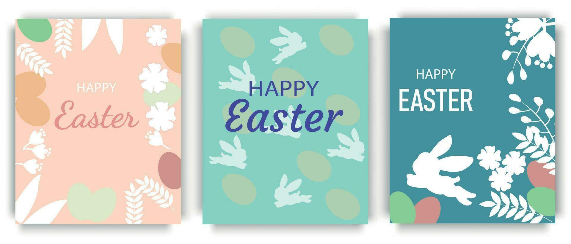 Pâques ensemble de bannières, salutation cartes, affiches, vacances couvertures. à la mode conception avec végétaux, des œufs et lapin dans pastel couleurs. minimaliste style de moderne art. vecteur