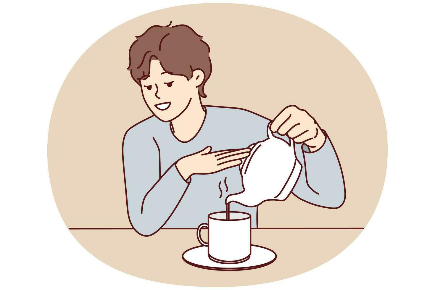 jeune homme assis au bureau versant du thé dans une tasse de bouilloire. un gars souriant savoure un café chaud dans une tasse à la maison. illustration vectorielle. vecteur