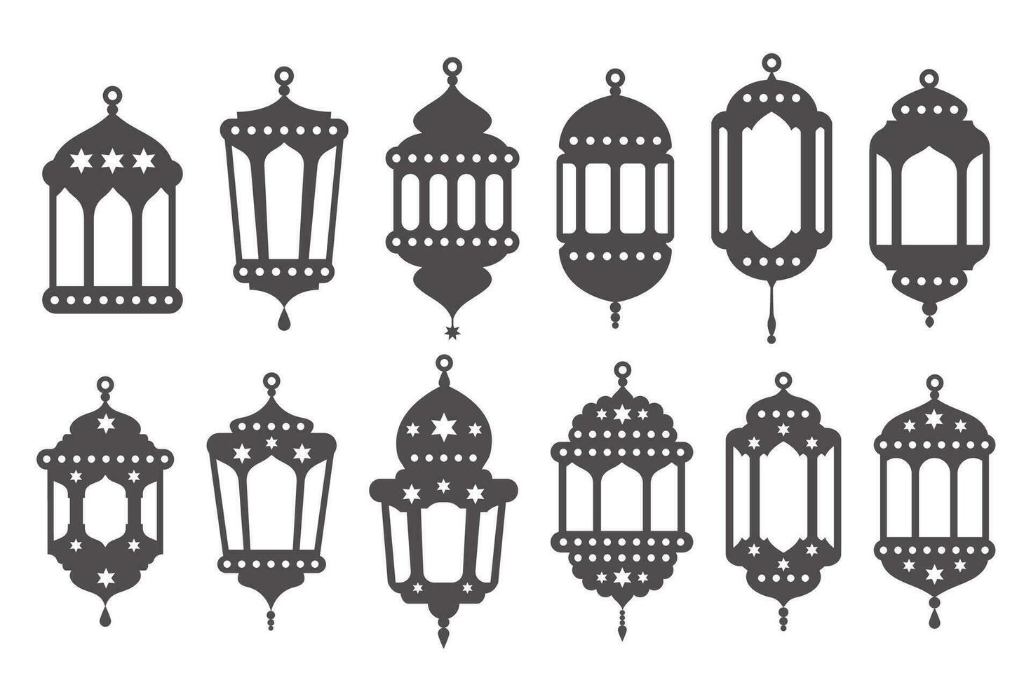Ramadan lanternes vecteur ensemble. islamique les lampes avec étoiles décoration. musulman ornement éléments sur blanc Contexte. traditionnel silhouette pour vacances