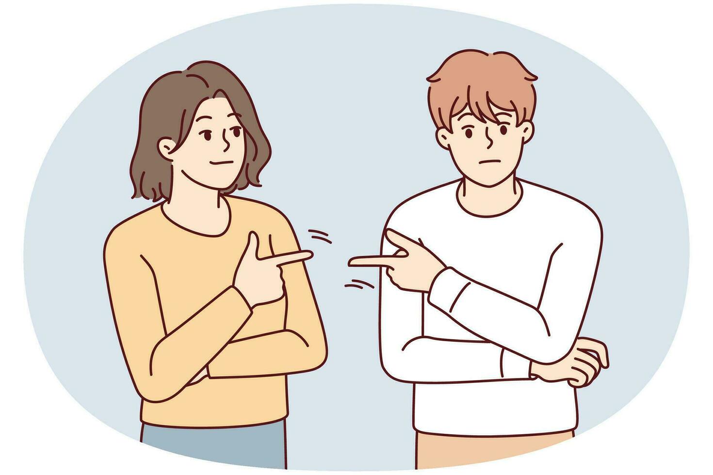 deux doigts pointés l'un vers l'autre évitent la responsabilité dans la bagarre ou la dispute. l'homme et la femme têtus se culpabilisent l'un l'autre. problème relationnel. illustration vectorielle. vecteur