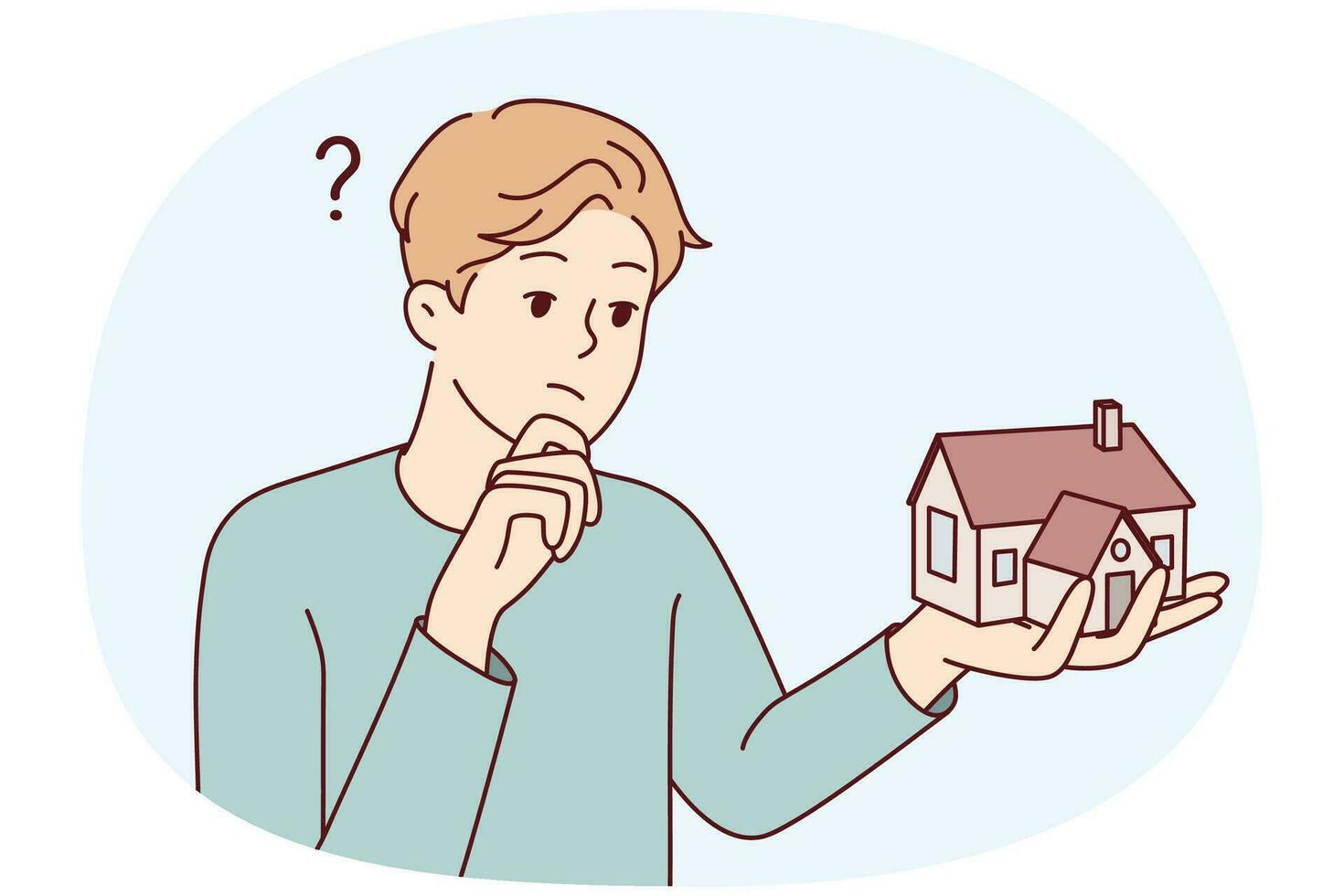 jeune homme tenant une maison en pensant à une hypothèque ou à un prêt. homme confus avec une maquette de maison frustré par la location ou l'achat d'un logement. Agent immobilier. illustration vectorielle. vecteur