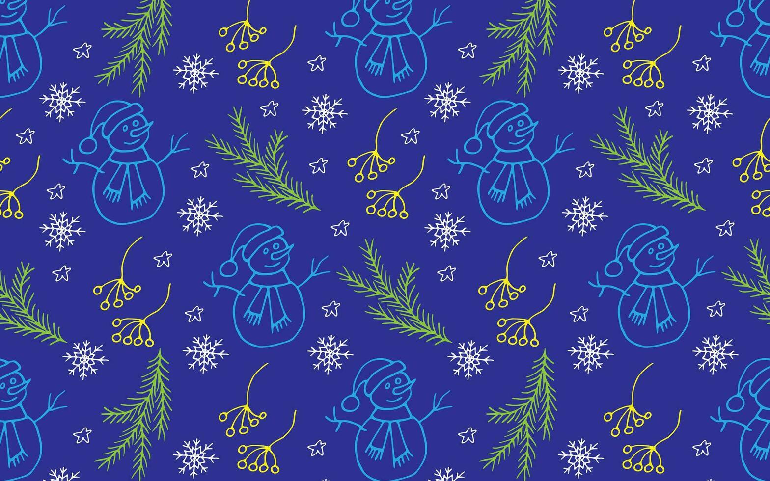 Nouveau année vecteur modèle. Couleur illustration de Nouveau années sapin branches, flocons de neige et bonhommes de neige sur une bleu Contexte. Contexte pour emballage, en tissu et cadeau.