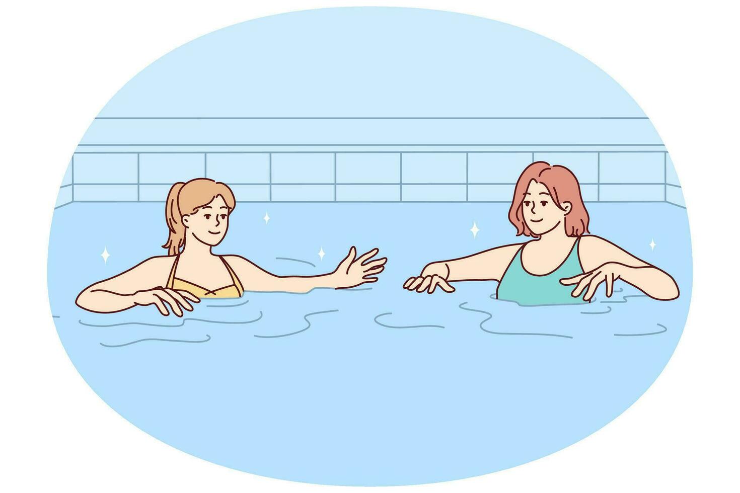 femmes dans maillots de bain avoir amusement dans nager bassin ensemble. femelle copains dans bikini nager dans l'eau dans intérieur bassin. loisir et des loisirs. vecteur illustration.