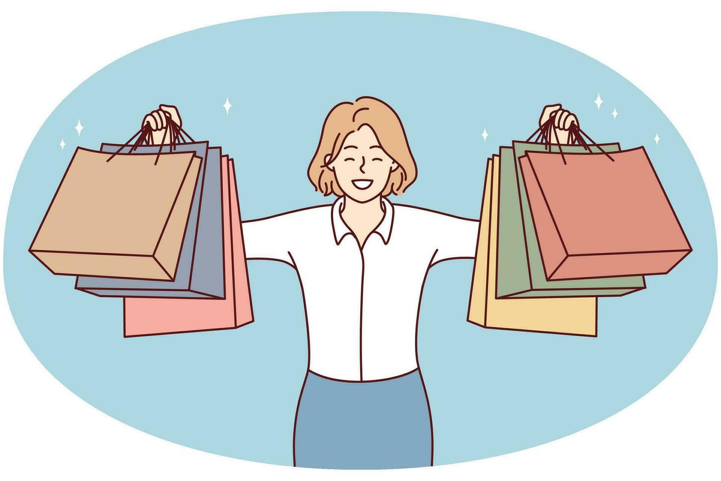 heureuse jeune femme tenant des sacs en papier excitée par le shopping. une cliente souriante ou un client montre ses achats en achetant dans un centre commercial. consumérisme. illustration vectorielle. vecteur