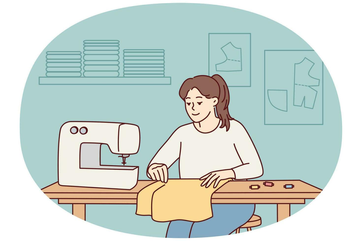 couturière ou couturière travaillant sur une machine à coudre en atelier. femme souriante cousant assis sur la table. passe-temps et conception. illustration vectorielle. vecteur