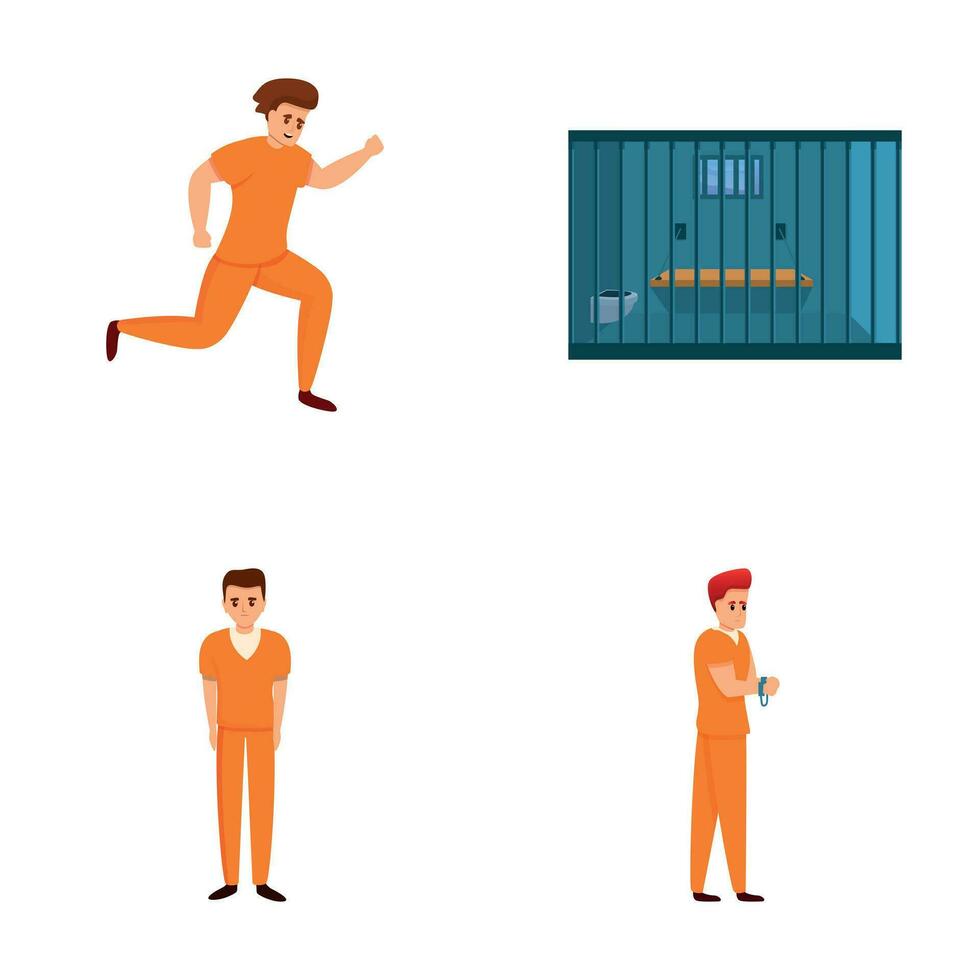 Masculin criminel Icônes ensemble dessin animé vecteur. criminel personnage près prison cellule vecteur