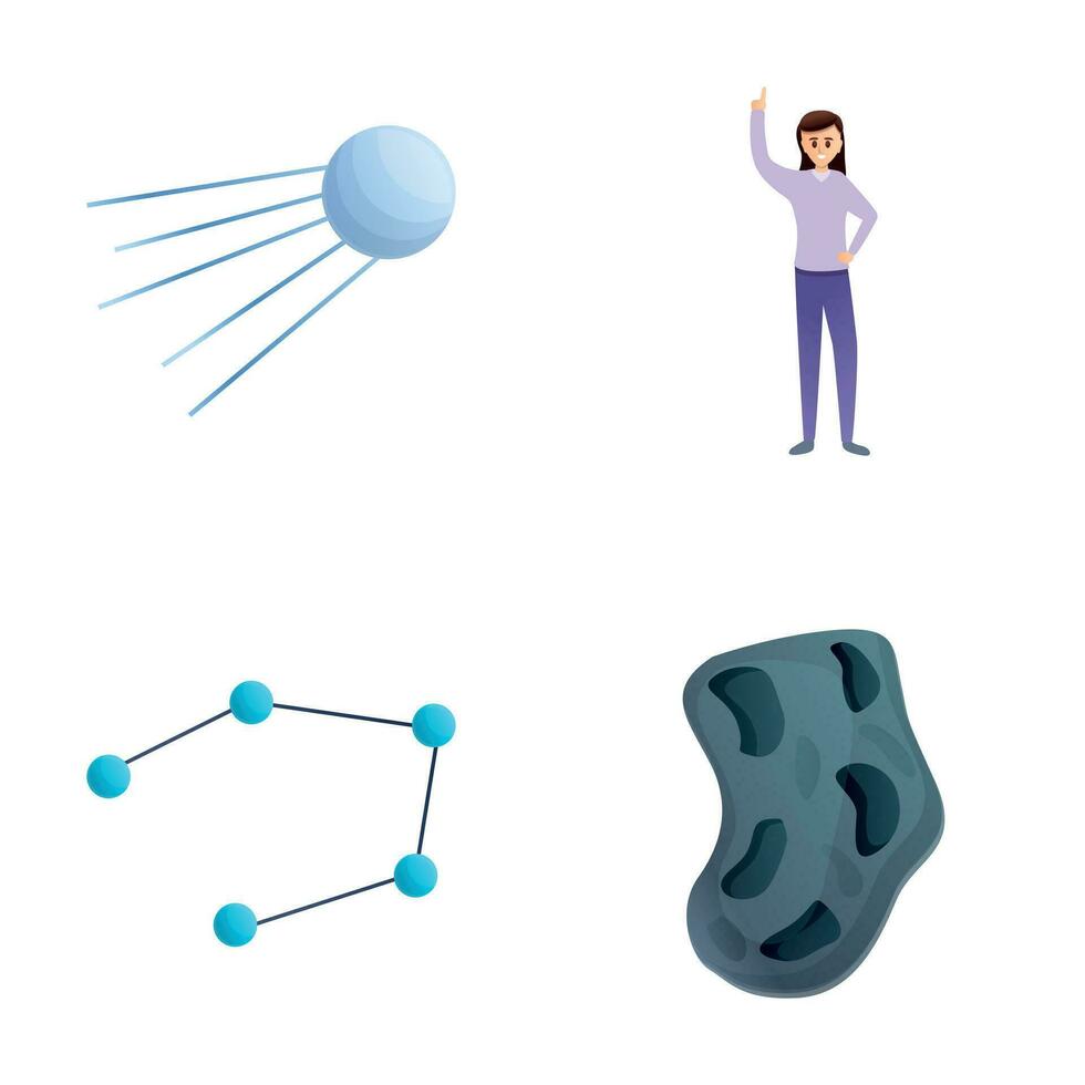 astrophysique recherche Icônes ensemble dessin animé vecteur. météorite Satellite scientifique vecteur