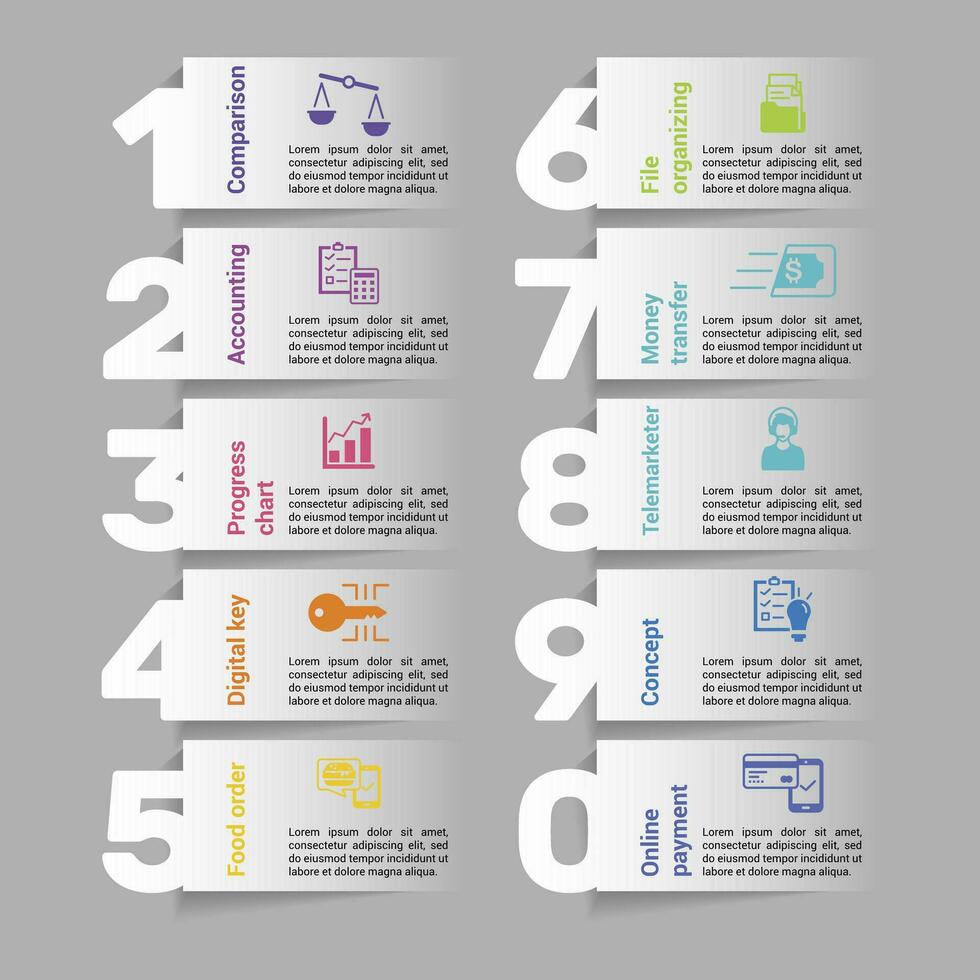 infographie avec numérique un service thème Icônes, dix pas. tel comme comparaison, comptabilité, le progrès graphique, numérique clé et plus. vecteur