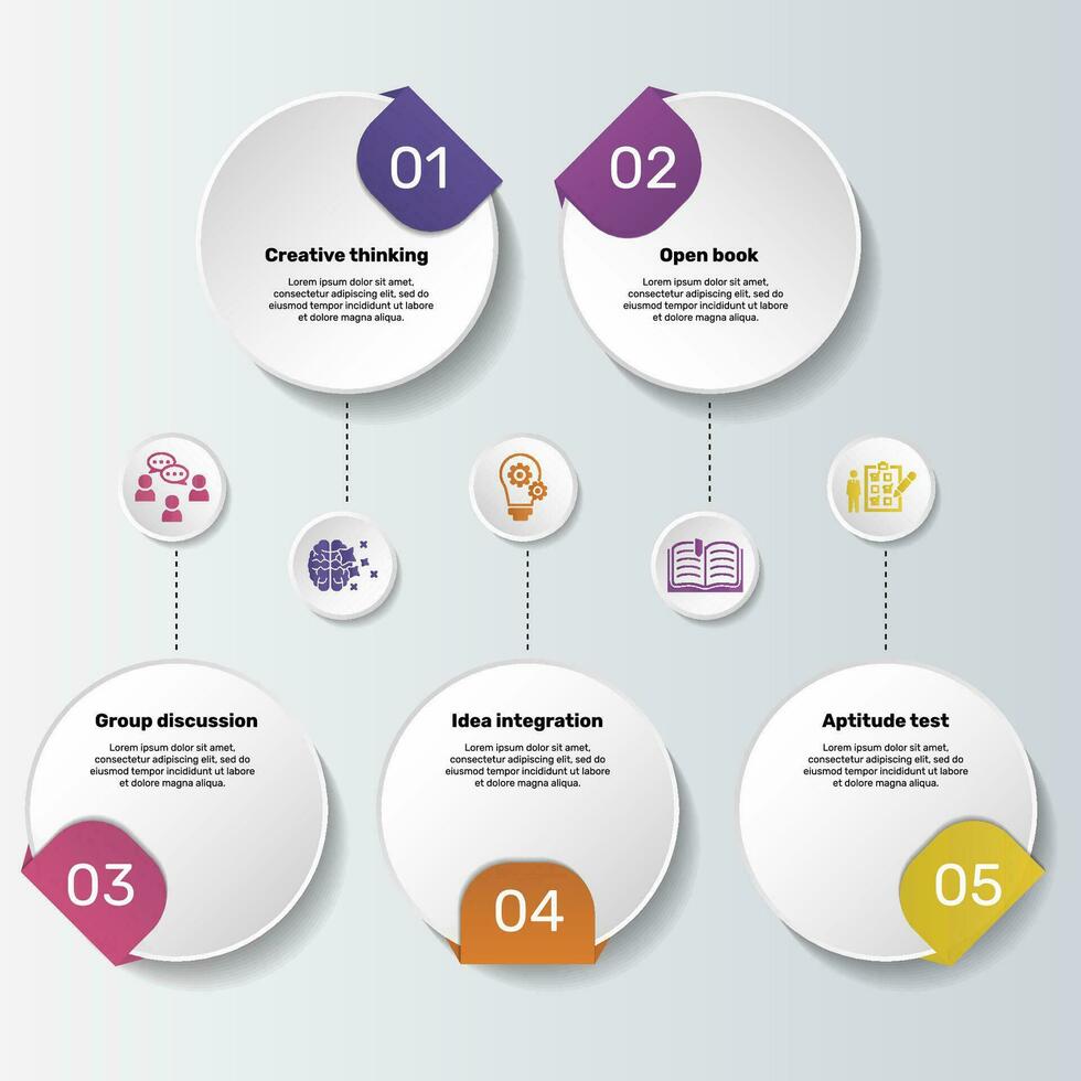 infographie avec Créatif apprentissage thème Icônes, dix pas. tel comme Créatif pensée, ouvert livre, groupe discussion, idée l'intégration et plus. vecteur