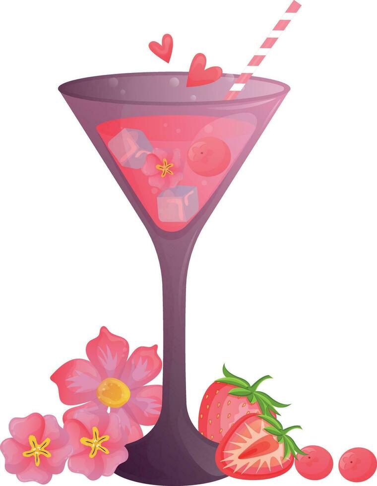 potion rose l'amour coctail avec fleurs et baies dans une mince tige verre vecteur