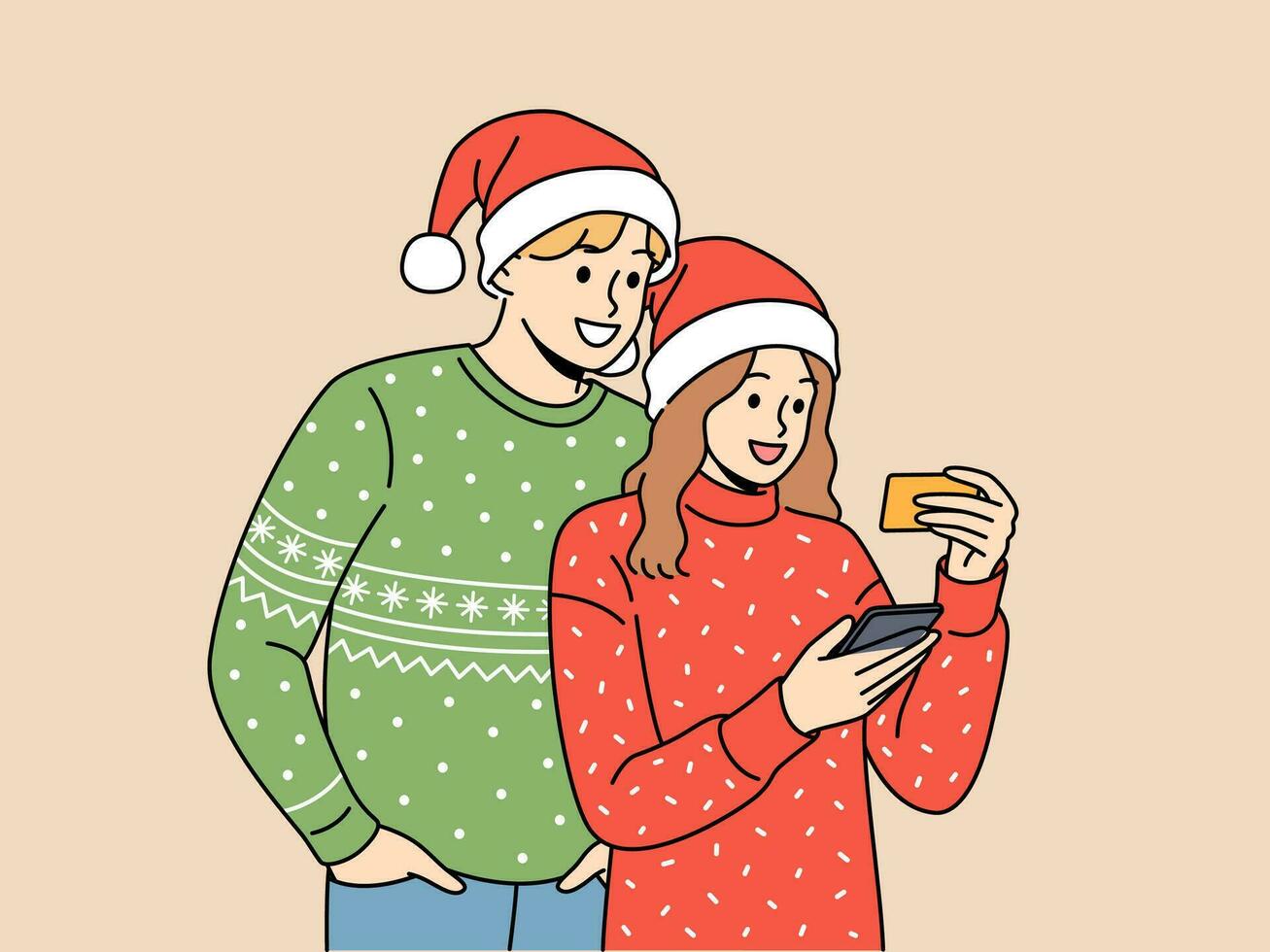 couple dans Noël vêtements fait du achats sur téléphone mobile app et les usages crédit carte à Payer vecteur