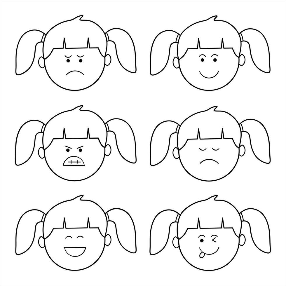 main tiré des gamins dessin fille visages avec différent émotions plat dessin animé isolé ensemble vecteur