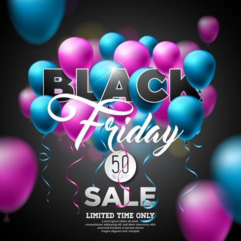 Black Friday Vente Vector Illustration avec des ballons brillants sur fond sombre. Modèle de conception de promotion pour bannière ou une affiche.