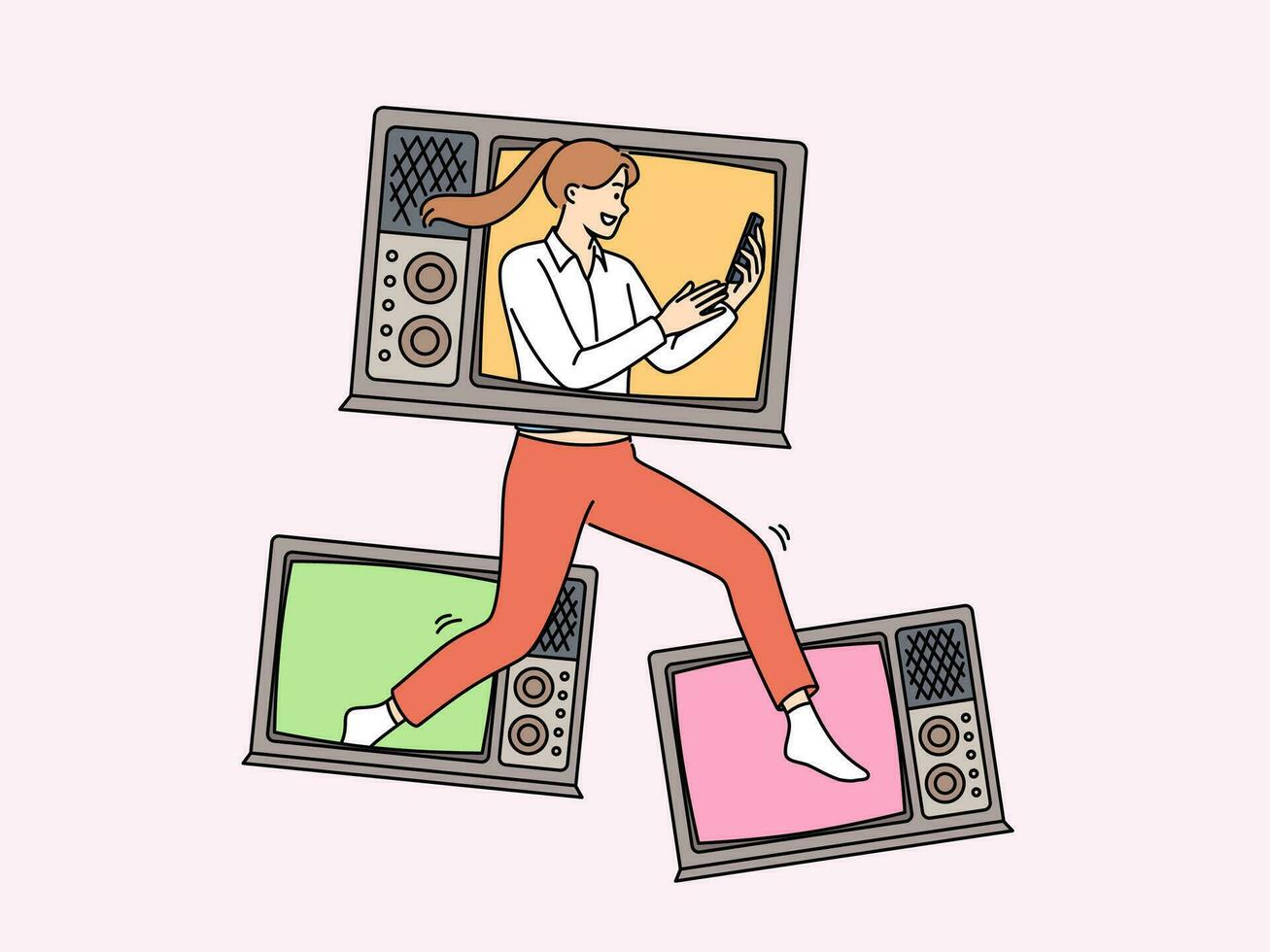 femme avec télévisions détient téléphone montrant l'amour pour en train de regarder en ligne vidéos dans mobile applications vecteur