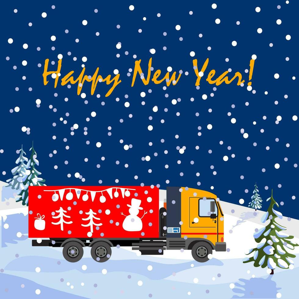 Nouveau ans veille carte couverture. dessin animé rouge un camion pour cadeaux dans une hiver forêt dans chute de neige. vecteur