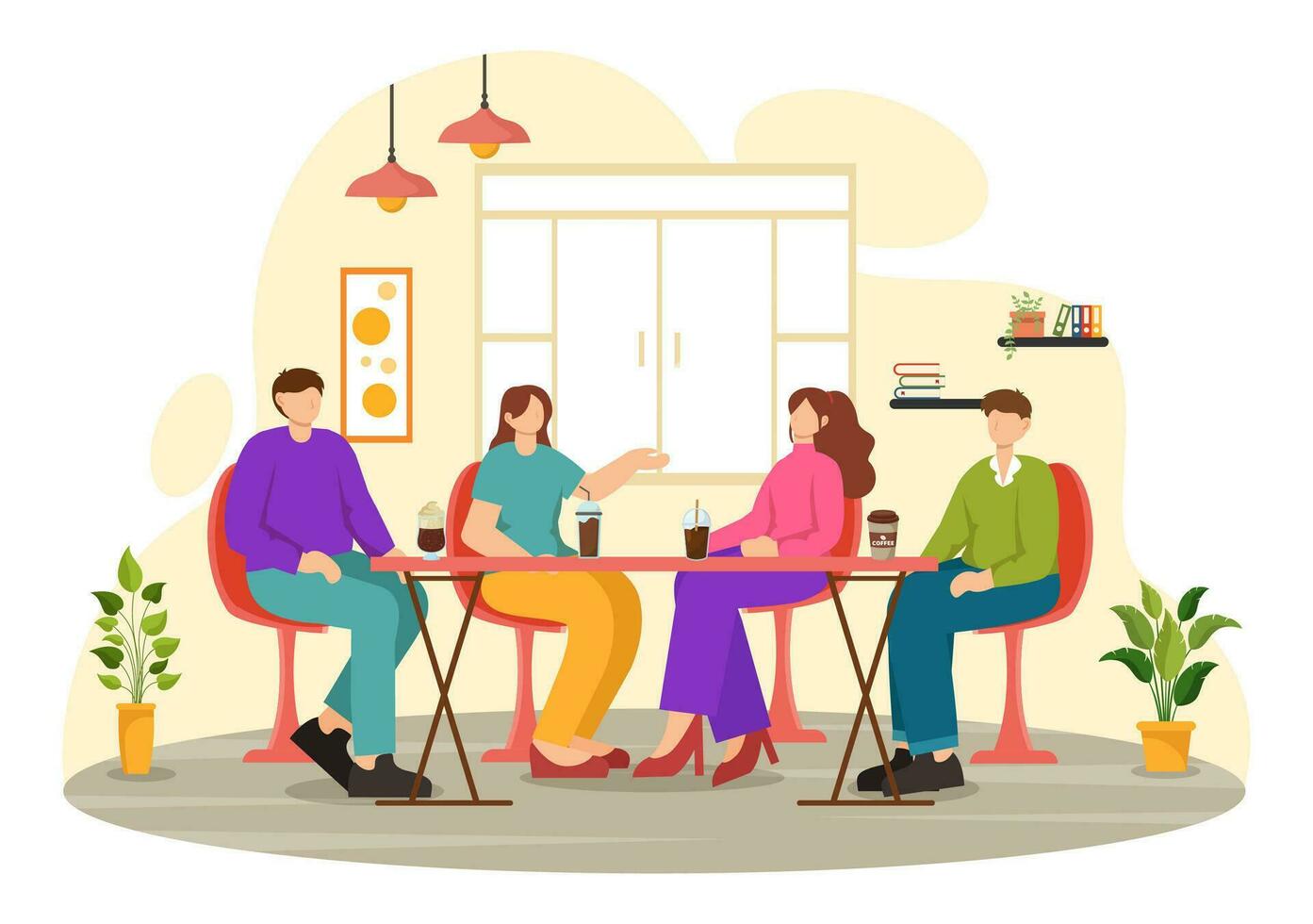 double Date vecteur illustration avec deux des couples qui étaient en mangeant et en buvant ensemble dans une restaurant dans plat dessin animé Contexte conception