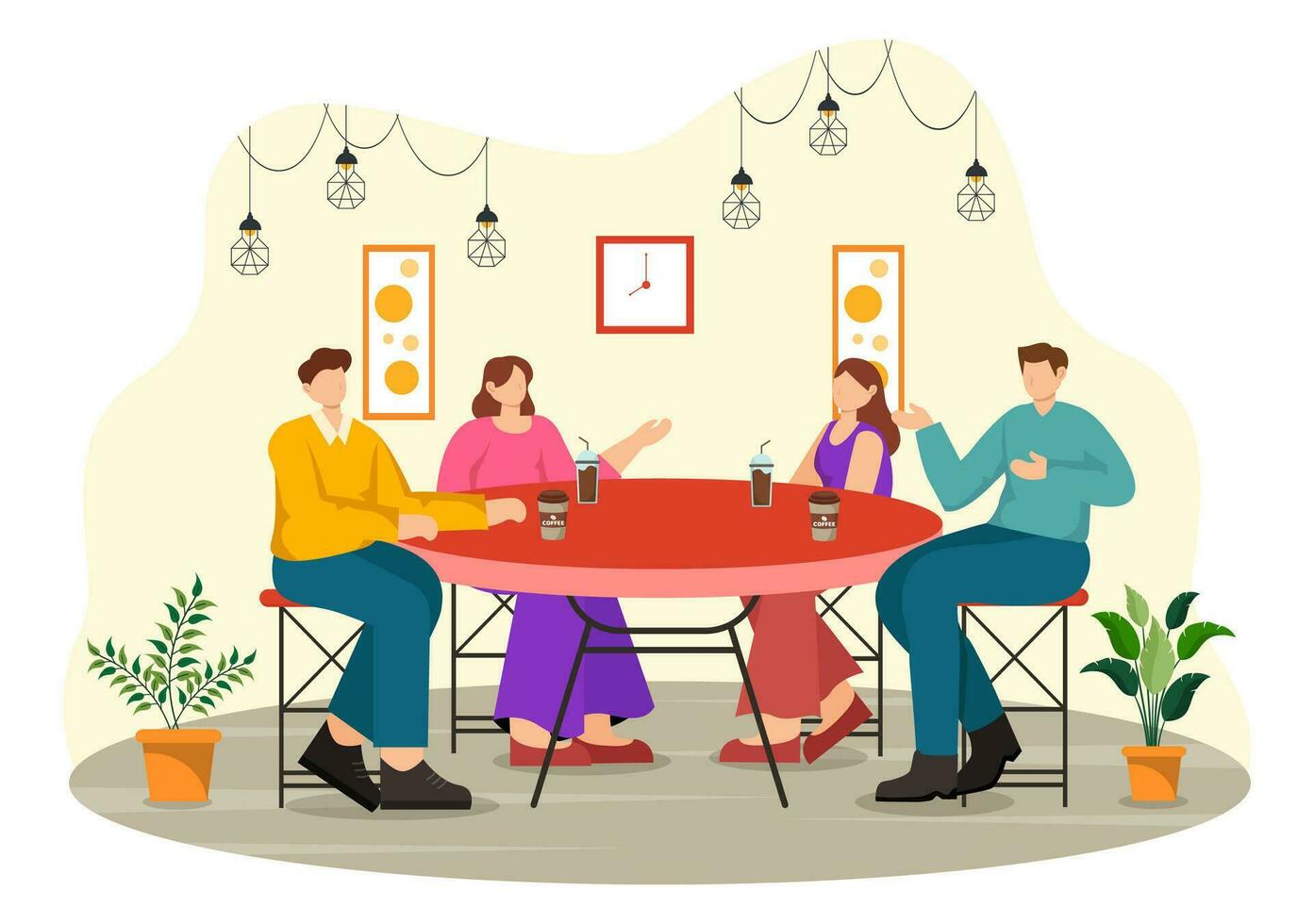 double Date vecteur illustration avec deux des couples qui étaient en mangeant et en buvant ensemble dans une restaurant dans plat dessin animé Contexte conception