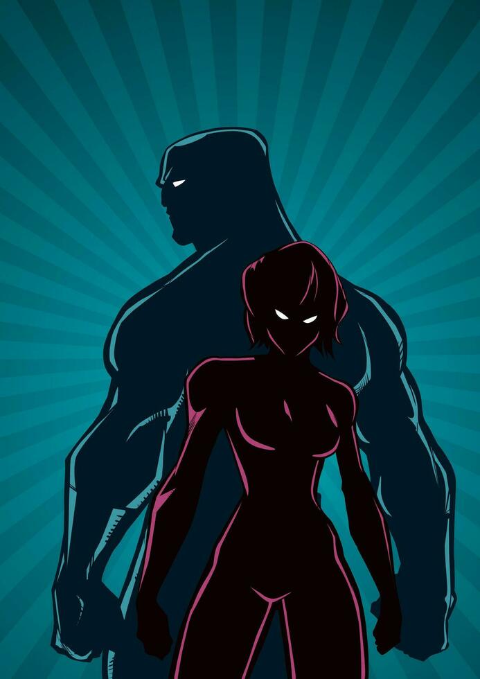 super-héros couple rayon lumière verticale silhouette vecteur