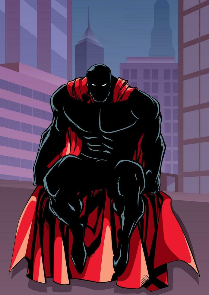 super-héros séance dans ville silhouette vecteur
