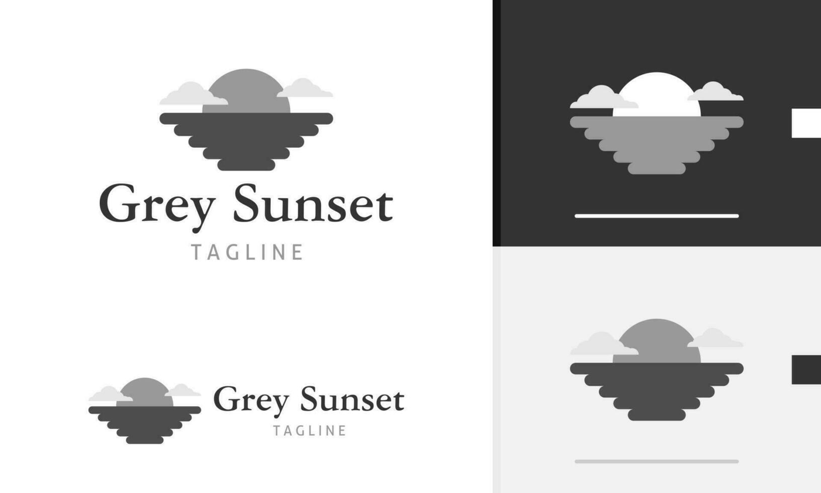 logo conception icône de géométrique monochrome noir blanc le coucher du soleil lever du soleil mer océan avec Soleil et des nuages vecteur