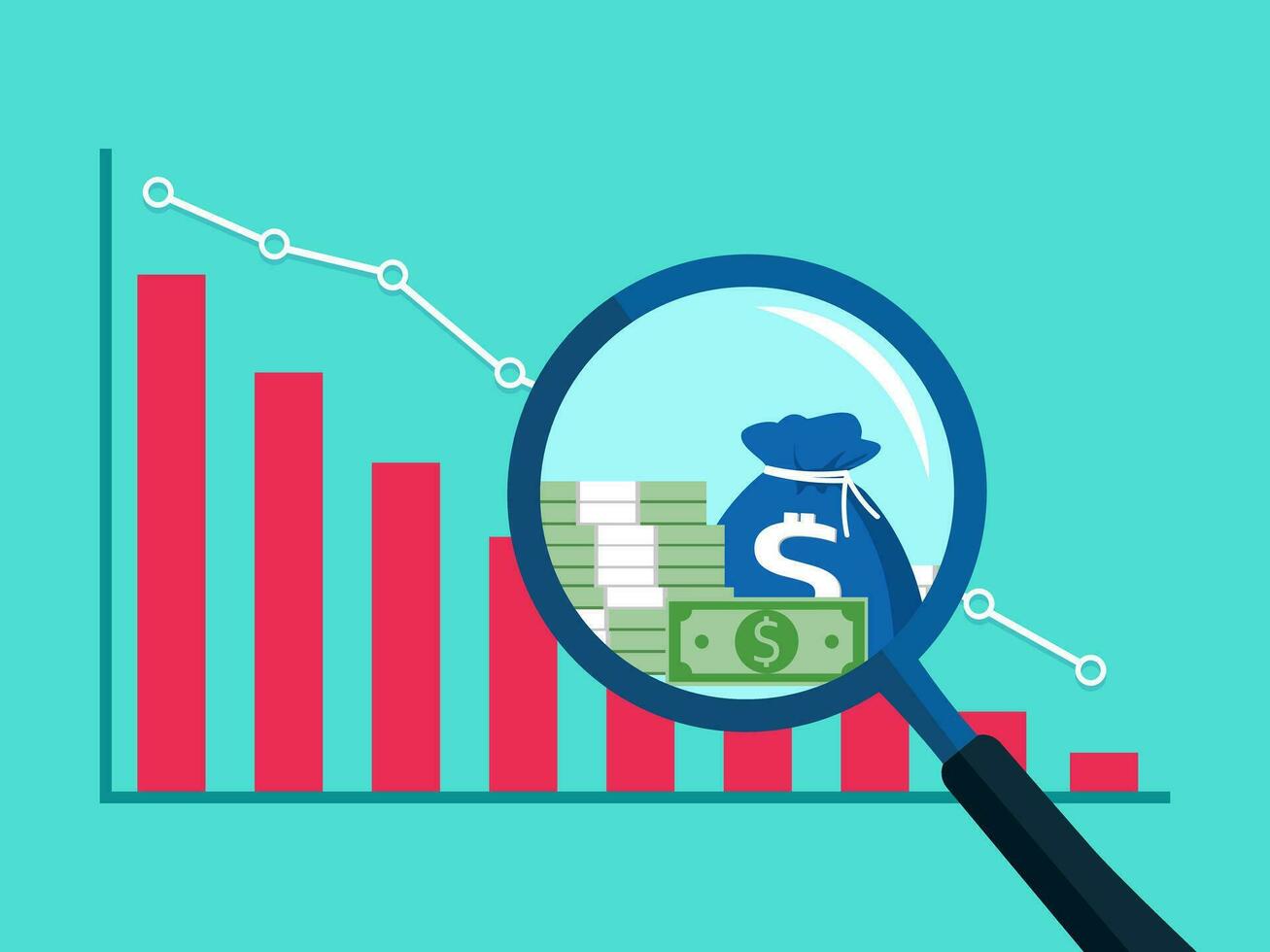 les atouts dans une grossissant verre et une tendance baissière graphique. profit réduction concept vecteur
