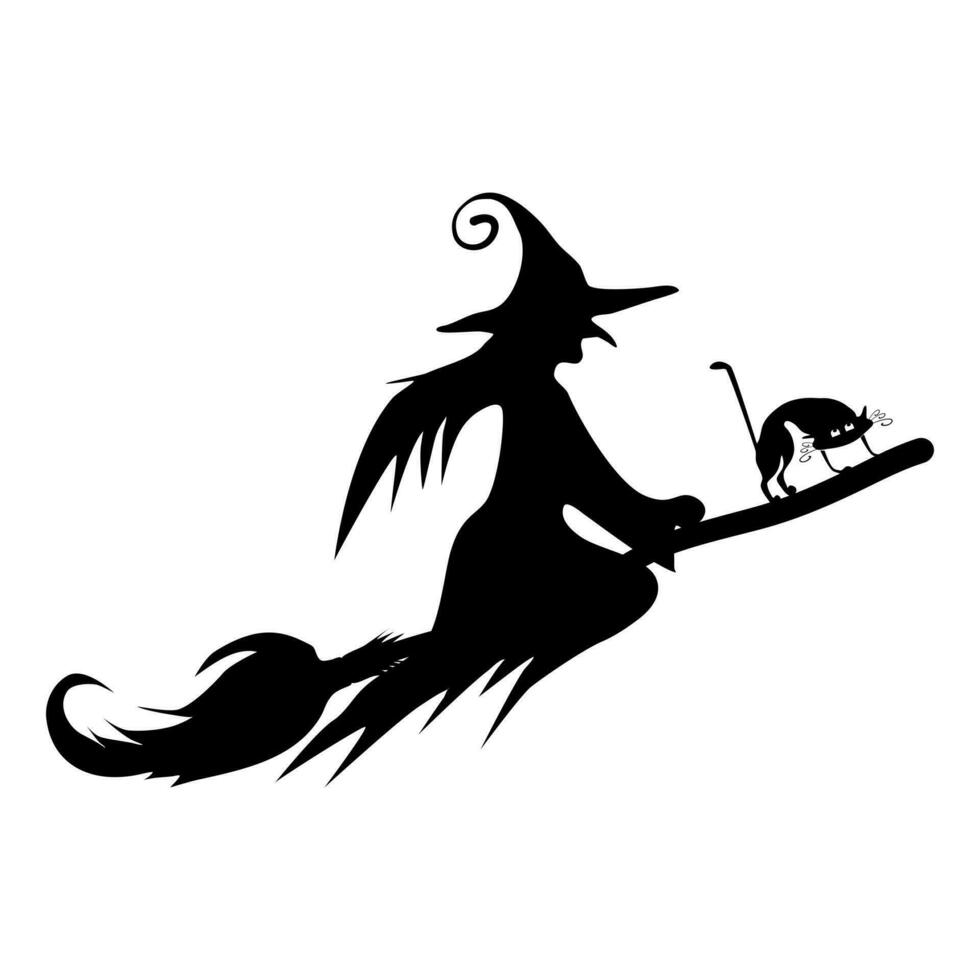 sorcière silhuette sur une manche à balai et une Halloween chat . vecteur illustration