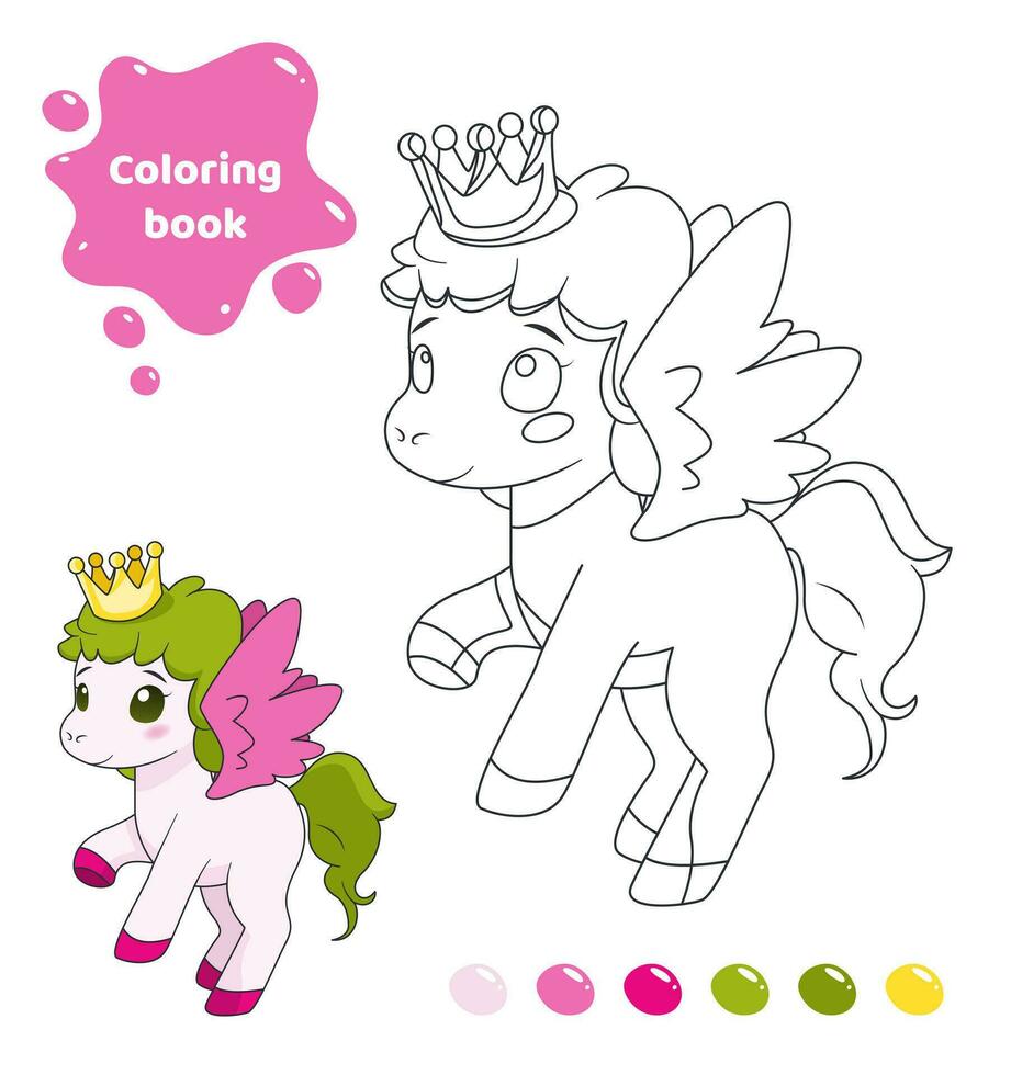 coloration livre pour enfants. feuille de travail pour dessin avec dessin animé poney. mignonne animal avec ailes. coloration page avec Couleur palette pour les enfants. vecteur illustration.