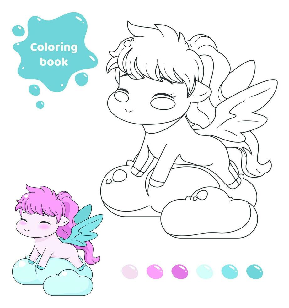 coloration livre pour enfants. feuille de travail pour dessin avec dessin animé poney avec ailes sur des nuages. mignonne magique animal. coloration page avec Couleur palette pour les enfants. vecteur illustration.