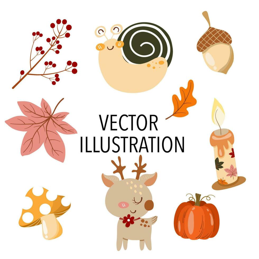 l'automne ensemble, l'automne agrafe art, collection de conception éléments avec feuilles, citrouilles, mignonne animaux, champignon, floral et autres. main tiré vecteur illustration.