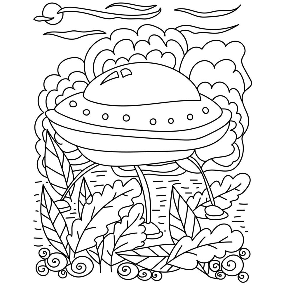 ufo dans la brousse à colorier, illustration de contour d'un vaisseau spatial caché dans la brousse vecteur