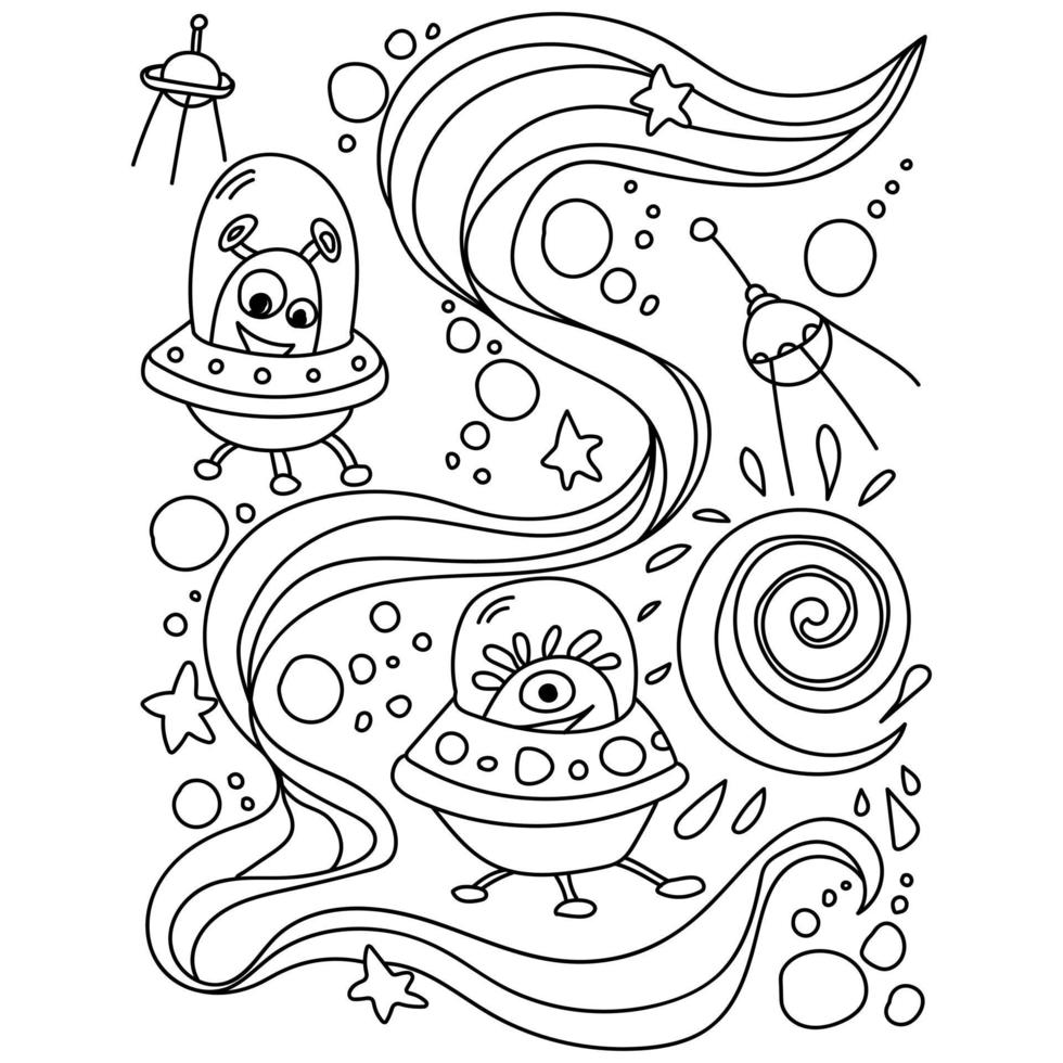 page ovni avec des personnages amusants et des motifs ornés, page de contour pour l'activité des enfants sur le thème de l'espace vecteur