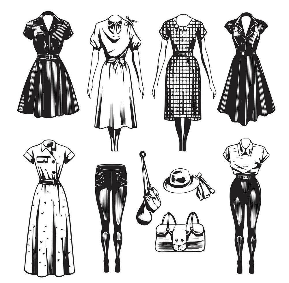 femme Vêtements ensemble. vecteur noyer à la main objets illustrations. noir et blanc mode collection.