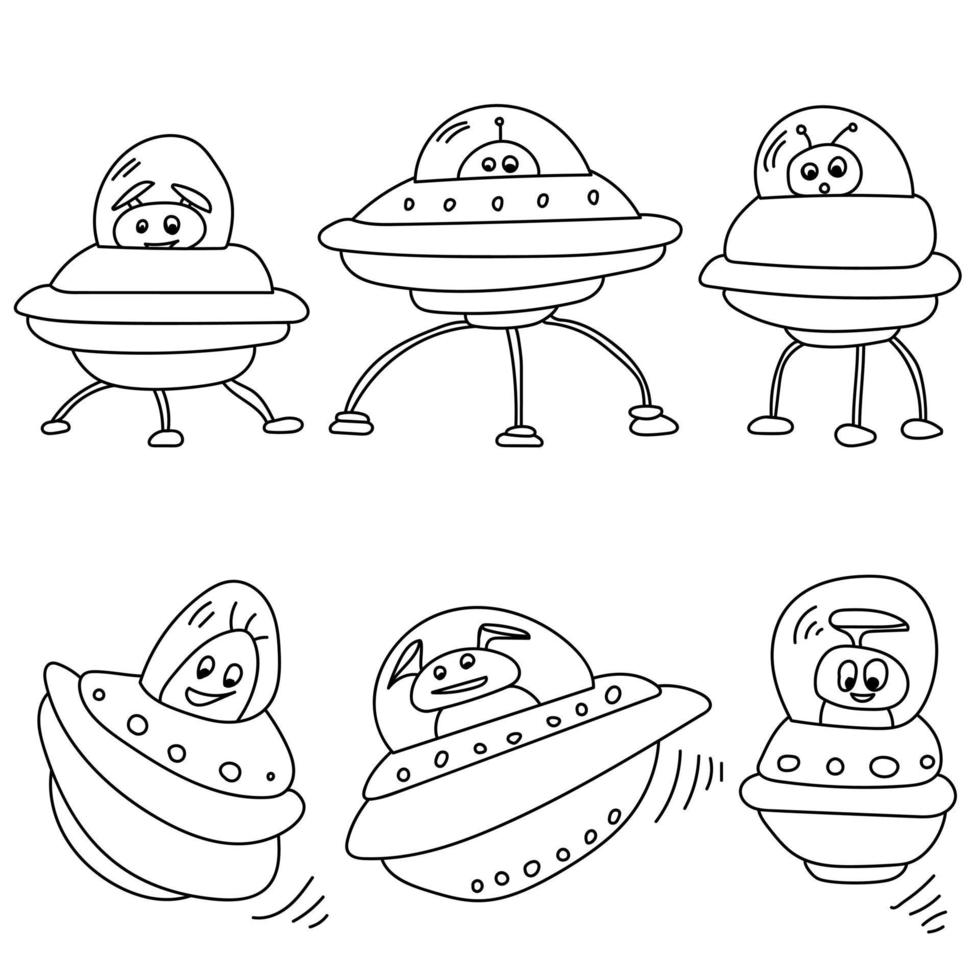 ensemble de contours extraterrestres et vaisseaux spatiaux, page à colorier avec des personnages extraterrestres positifs vecteur