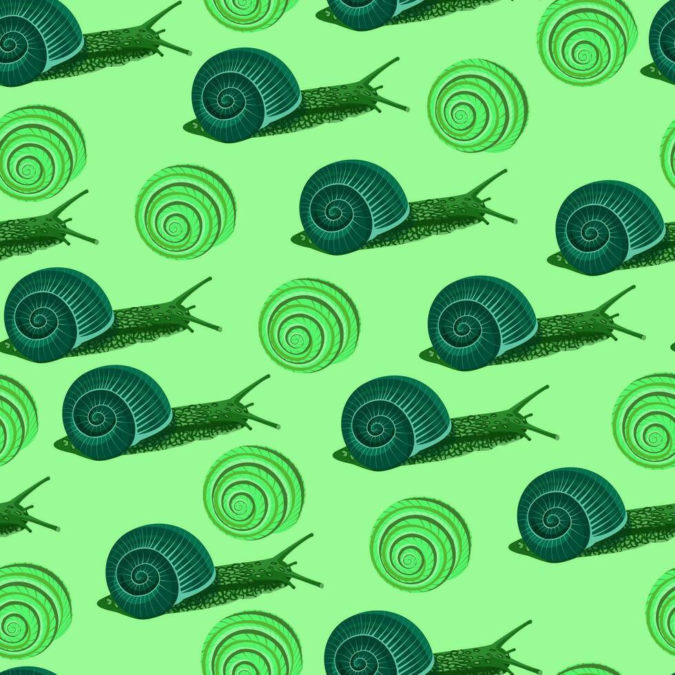 sans couture modèle avec vert grain de raisin escargots dans une coquille sur une vert Contexte vecteur