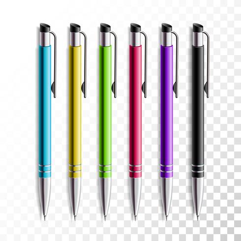 Ensemble de conception de stylo de couleur réaliste sur fond transparent. Articles d&#39;école ou de bureau, illustration vectorielle stylo coloré. vecteur