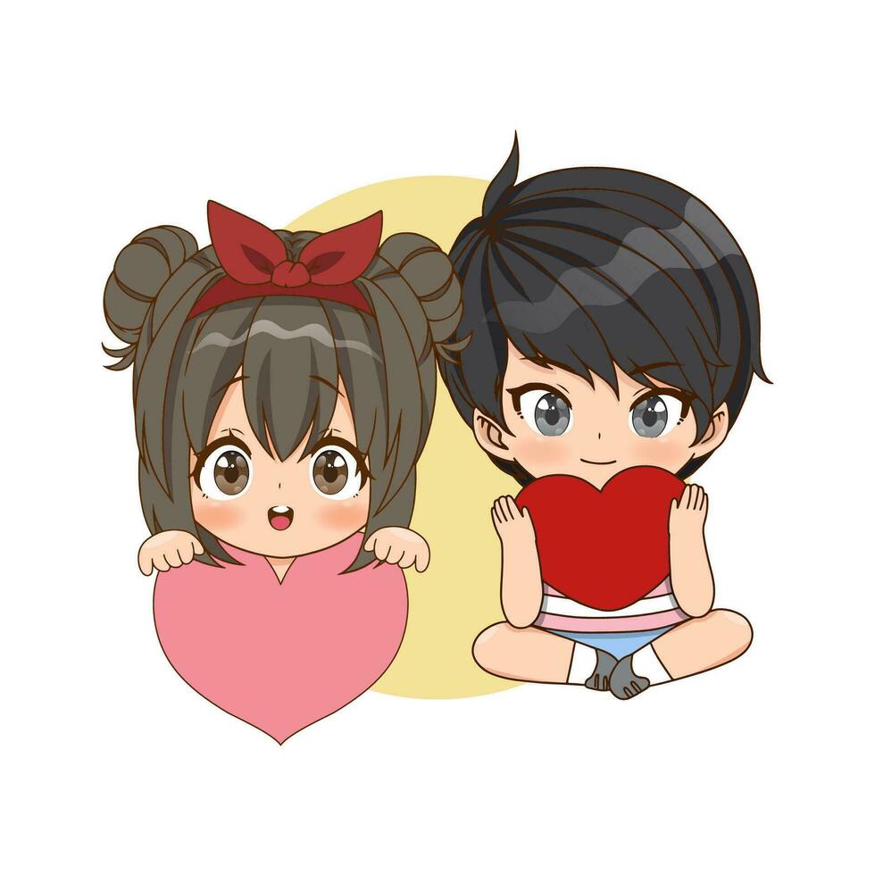 Valentin journée avec mignonne couple dessin animé dans aimer, fille et garçon en portant cœur vecteur illustration