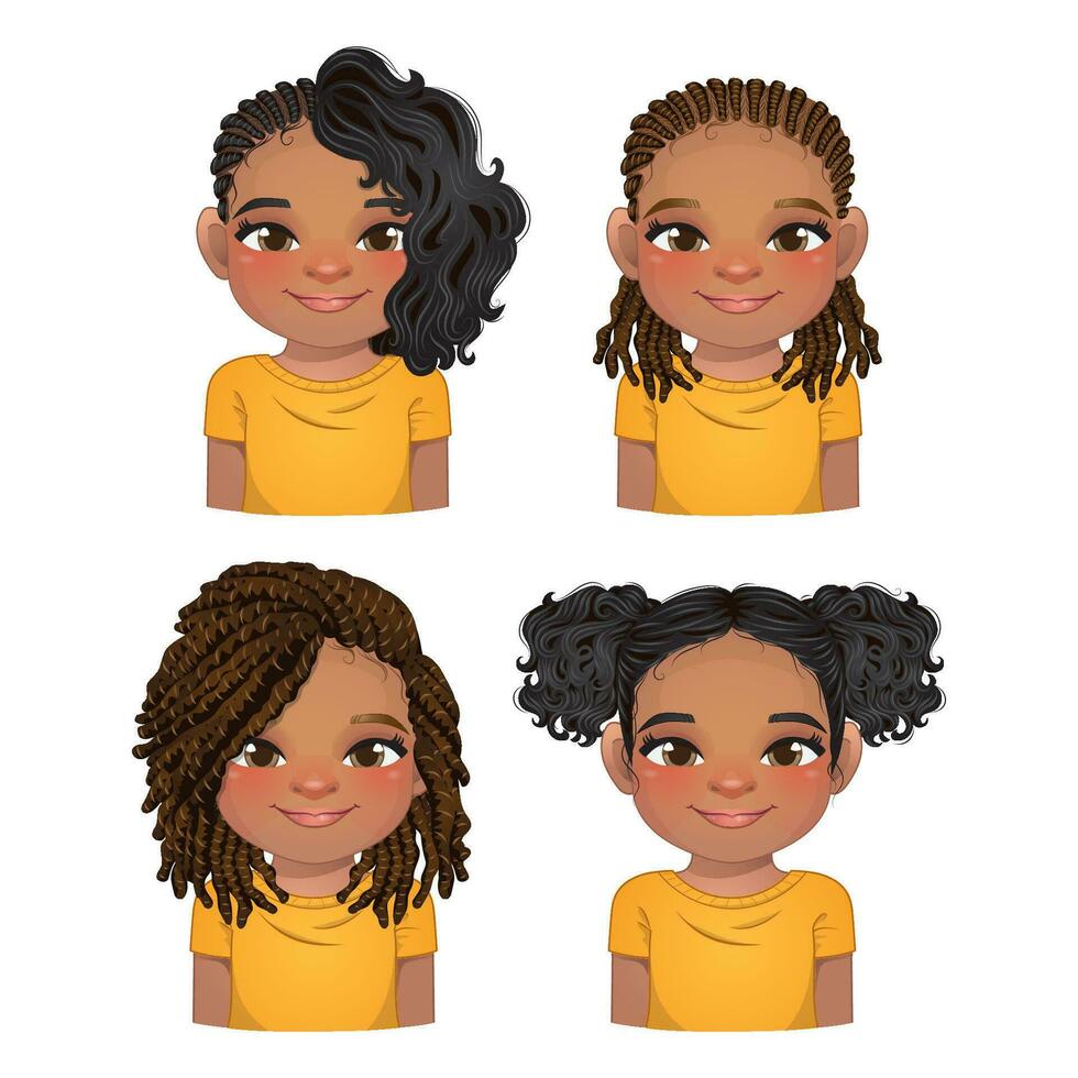 ensemble de coiffure pour noir filles, les filles visages, avatars, enfant têtes différent Couleur cheveux vecteur