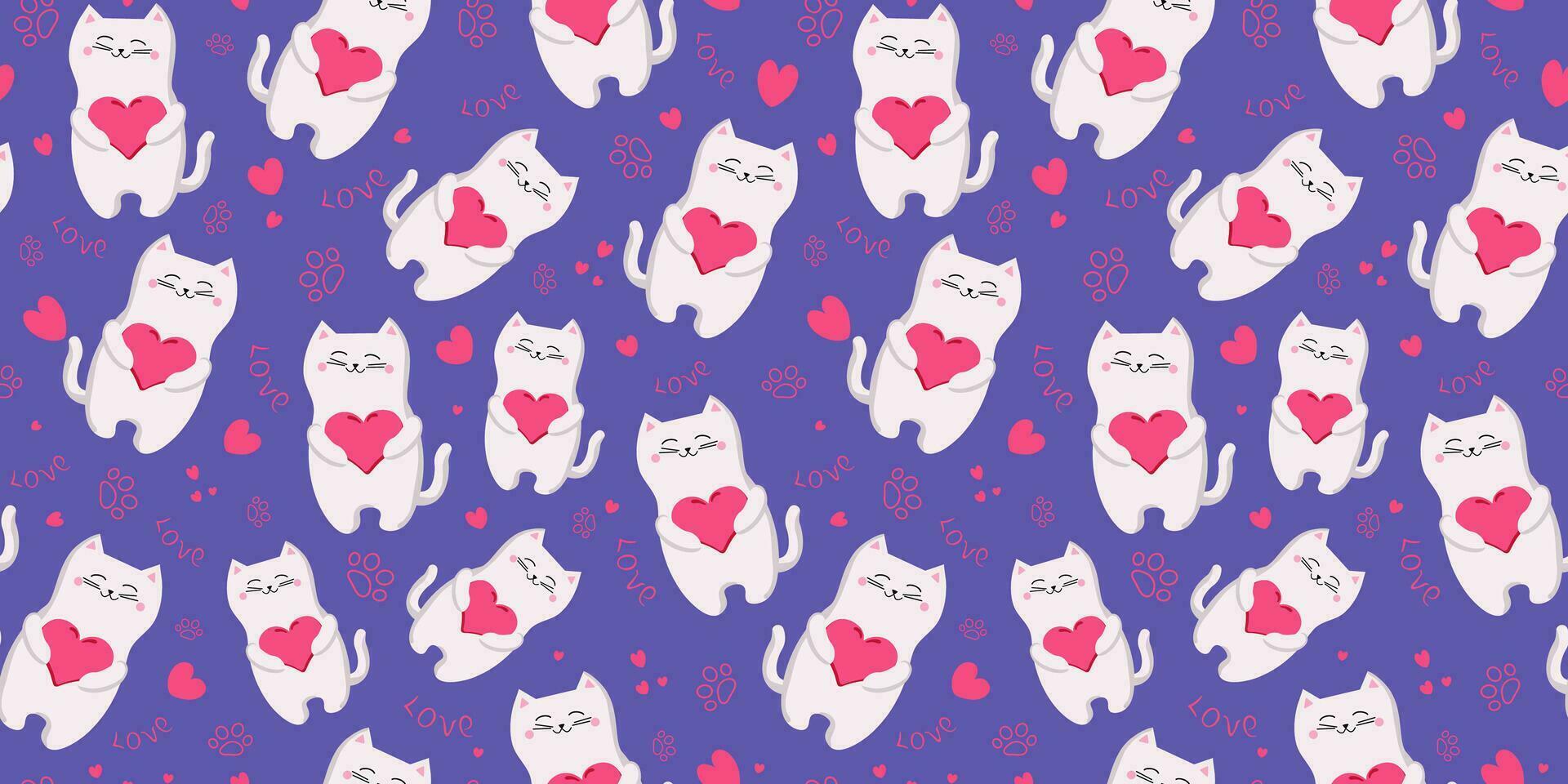 dessin animé chatons, modèle. patte, cœur impressions. mignonne national chat en portant cœur. de fête emballage conception pour la Saint-Valentin journée. sans couture vecteur arrière-plan, fond d'écran.