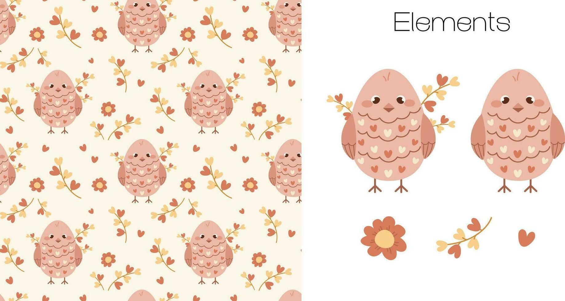 modèle avec plat des oiseaux, cœurs et branches. enfants modèle dans beige pastel couleurs. délicat impression pour les filles vecteur